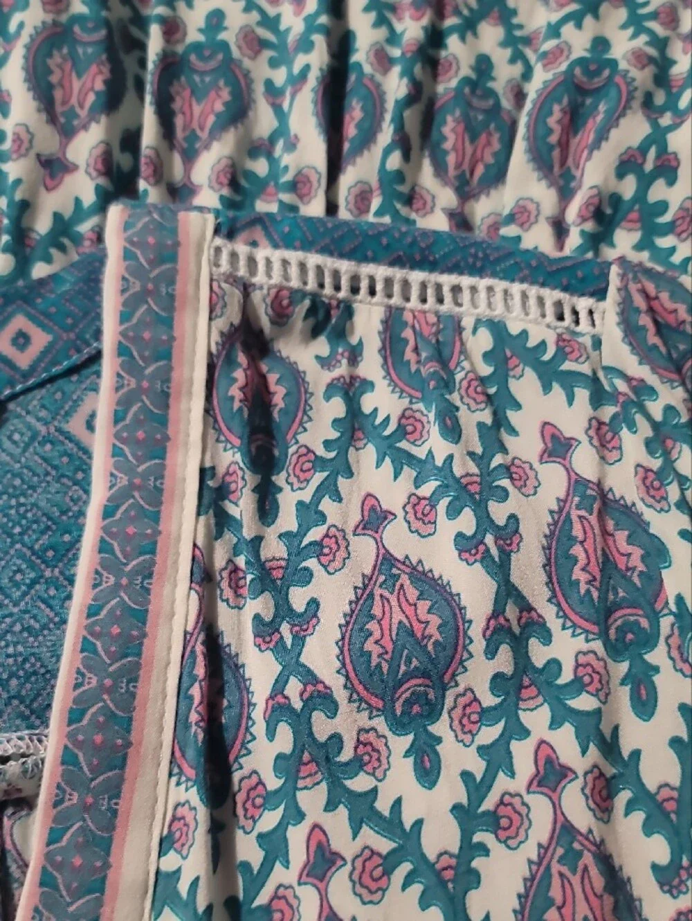 Free People Boho Chic Button-Front Midi Dress in Teal Pink and White